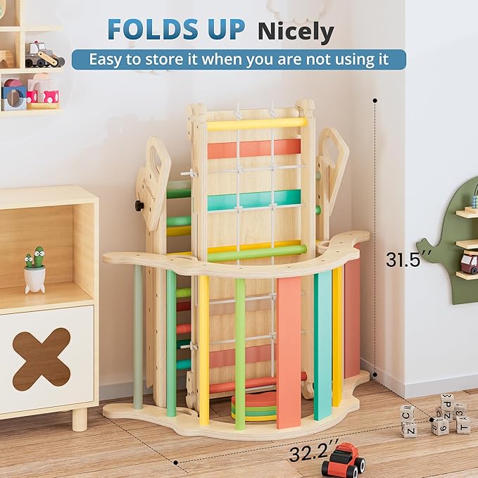 BlueWood 10-in-1 Pikler Triangle Set, Toddler Climbing Toys Indoor, Montessori Climber, Baby Jungle Gyms with Arch, Extra Rope Ladder & Footprint Balance Beam - Rose Garden-CubbioJoy