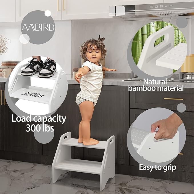 AMBIRD Wooden Two Step Stools Toddler with Safety Non-Slip Pads and Handles, Bamboo Step Stool for Bathroom, Bedroom, Kitchen Dual Height Step Stools for Kids (White)-CubbioJoy