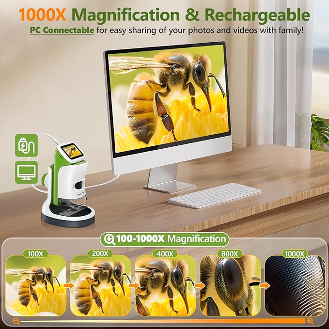 Detachable Kids Handheld Microscope Miniscope - 4K 2.0" HD Screen, 1000X Digital Pocket Toy Microscopes for Boys & Girls Ages 4-12 - Portable Science Stem Kit with Slides Set, 32G Card & EVA Case-CubbioJoy