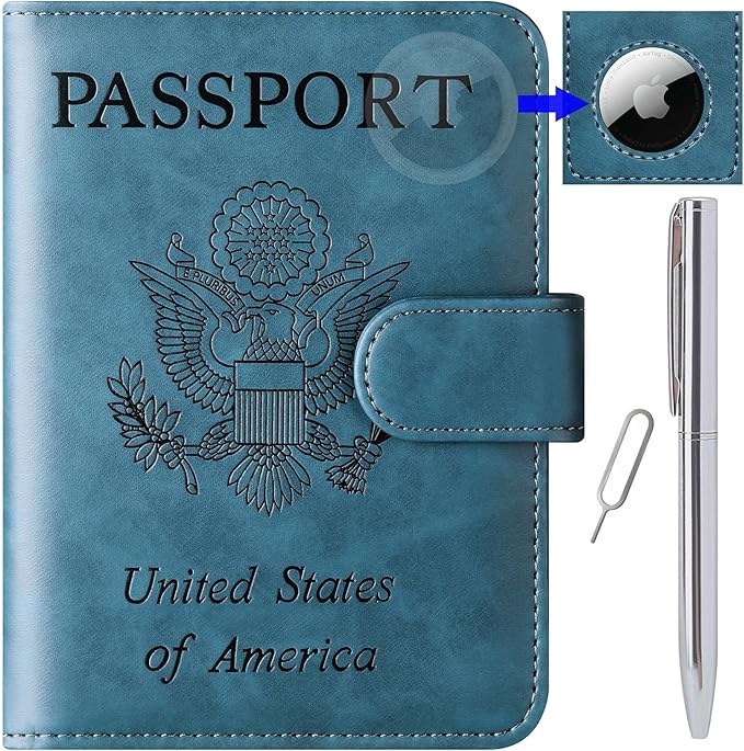 Airtag Passport Holder Cover Wallet Travel Essentials Leather Rfid Blocking Case Vacation Luggage Must Haves Travel Accessories for Men Women (117#Blue)-CubbioJoy