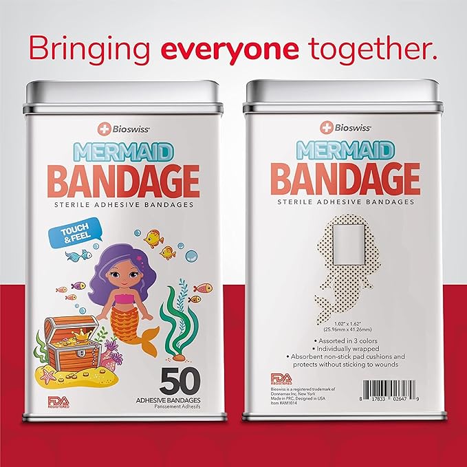 BioSwiss Bandages, Mermaid Shaped Self Adhesive Bandage, Latex Free Sterile Wound Care, Fun First Aid Kit Supplies for Kids, 50 Count-CubbioJoy