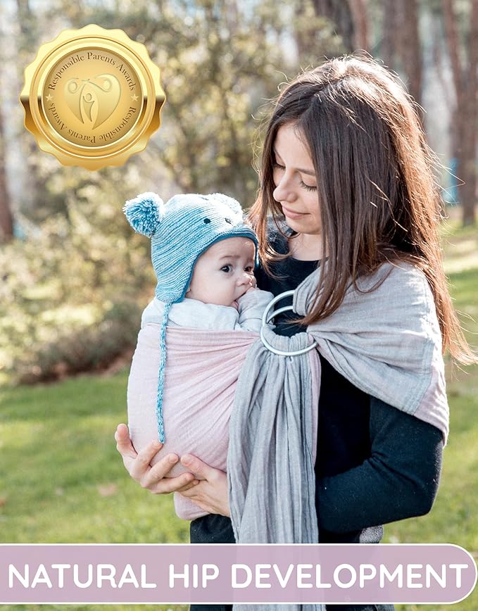 Baby Sling Carrier – Breathable 100% Cotton Wrap for Infant Support, Ring Sling Baby Carrier – Adjustable Muslin Fabric, Baby Carrier Newborn to Toddler – Grey Rose Soft Chest Hold for Travel-CubbioJoy
