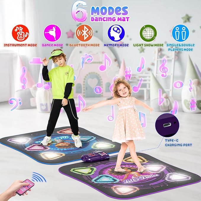 Dance Mat, 2025 Rechargeable Light-Up 2-Player Opposing Dance Pad with Bluetooth, 12-Button Music Dancing Toy, Christmas Birthday Gift for 3-12 Year Old Boys Girls-CubbioJoy