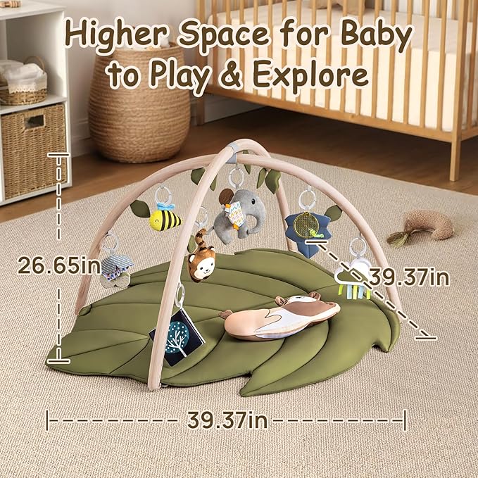 Infant Activity Center for Newborn to Develop Motor Cognition Leaves Leaf-Shaped Baby Play Gym & Activity Mat Extra Large Tummy Time Mat with 8 Detachable Toys-CubbioJoy