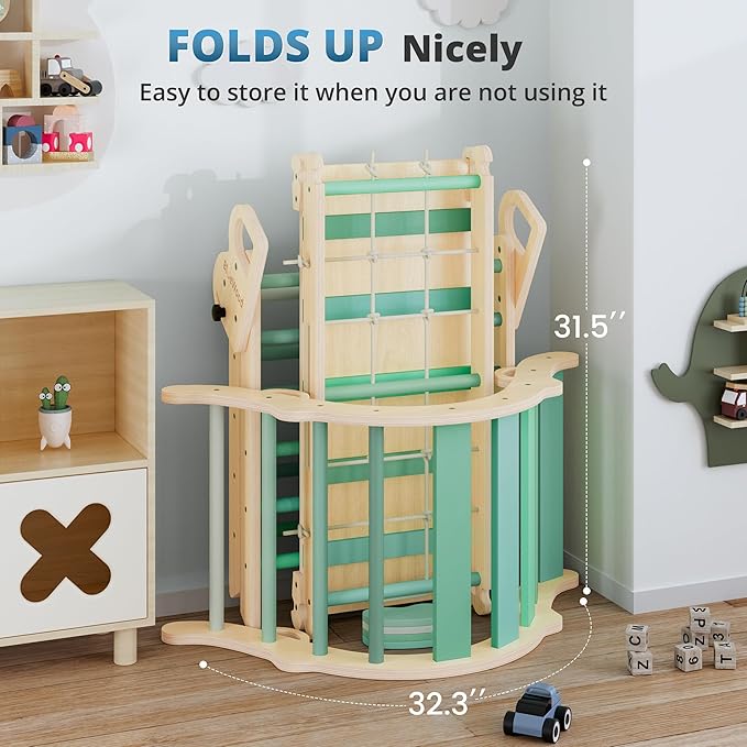 BlueWood 10-in-1 Pikler Triangle Set, Toddler Climbing Toys Indoor, Montessori Climber, Baby Jungle Gyms with Arch, Extra Rope Ladder & Footprint Balance Beam - Emerald Forest-CubbioJoy