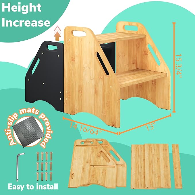AMBIRD Wooden Step Stool, 15.75'' H Potty Training Toddler 300 lbs Capacity with Safety Non-Slip Pads and Handles, Kitchen Step Stools for Kids, Bamboo Step Stool for Bathroom, High Beds (Natural)-CubbioJoy
