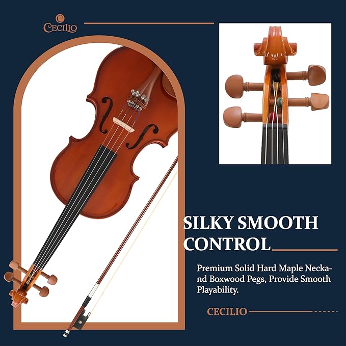 Cecilio 1/4 Size Natural Varnish Violin for Beginners, Hand-Carved Solid Spruce Top, Maple Back & Sides, Full Fiddle Kit with Hard Case, Bows, Rosin, Shoulder Rest, Lesson Book-CubbioJoy