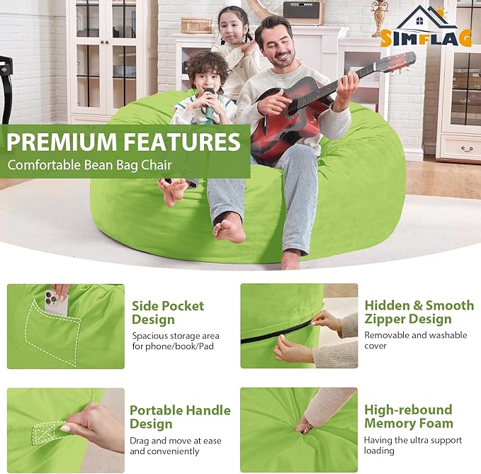 4FT Bean Bag Chair, Large Bean Bag Chairs with Memory Foam Filled, Fluffy Beanbag Sofa with Dutch Velvet Cover, Round BeanBag Chairs for Living Room, Playroom - Lime-CubbioJoy