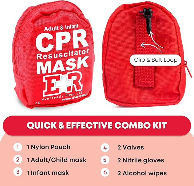 Adult and Infant CPR Mask Combo Kit – Includes 2 CPR Masks with One-Way Valves, Pair of Vinyl Gloves, 2 Alcohol Prep Pads – Portable Emergency CPR Kit – Red-CubbioJoy