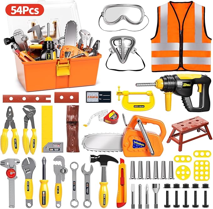 Deejoy 54Pcs Large Kids Tool Set with Electric Saw & Electronic Toy Drill, Pretend Play Kids Construction Set for Toddler 3-5 Years Old, Toddler Boy Toys-Orange-CubbioJoy
