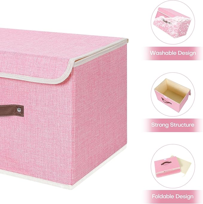 ANMINY 4PCS Storage Bins with Lid PU Leather Handles Storage Boxes PP Plastic Board Decorative Foldable Lidded Cotton Linen Fabric Home Cubes Baskets Closet Organizer Containers - Pink, Large Size-CubbioJoy