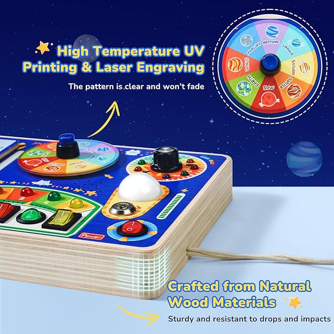 JoyCat Busy Board with Led Light, Toddler Toys for 1 2 3 4 Year Old Boys and Girls, Wooden Sensory Toys with Music, Travel Toy for Toddlers 1-3, Birthday Presents (Blue)-CubbioJoy