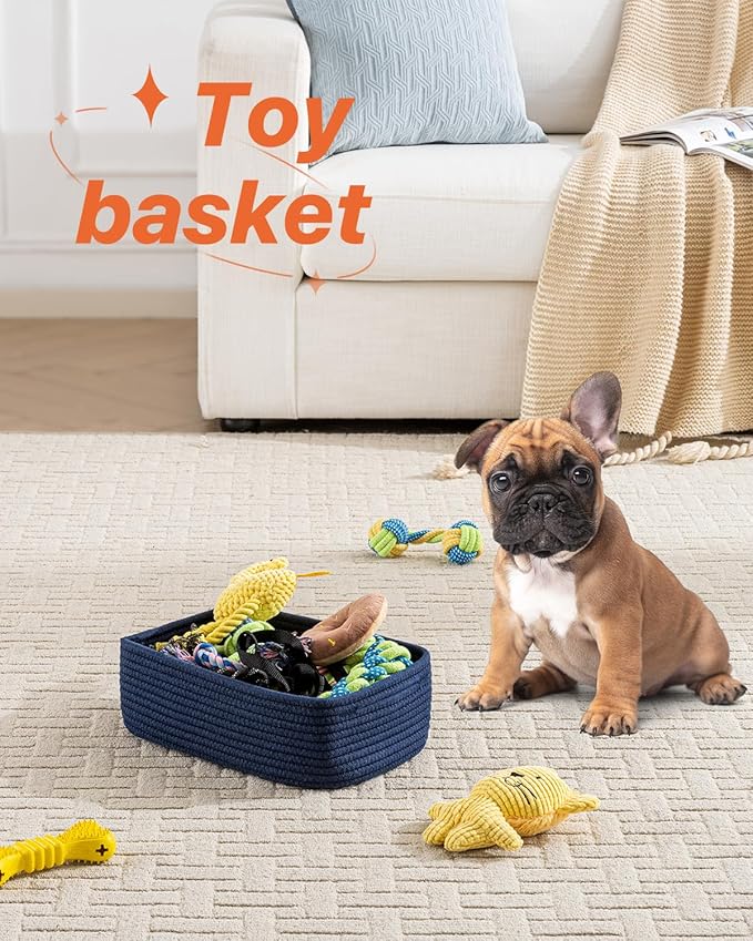 KALLAX Small Woven Basket, 12 x 8 x 4.5 Inches, Storage Basket for Organizing, Cute Small Rope Shelf Closet Cube Storage Bins Baskets for Shelves, Dog Toy Gift Baskets Empty, 3 Packs, Navy Blue-CubbioJoy