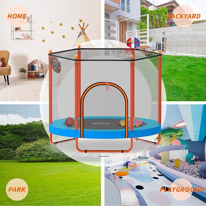 Ativafit 60'' Rebounder Trampoline Indoor Outdoor for Kids Ages 1-8, 5 FT Recreational Toddler Trampoline with Safety Enclosure Net Gifts with Basketball Hoop Dartboard Ocean Bal-CubbioJoy