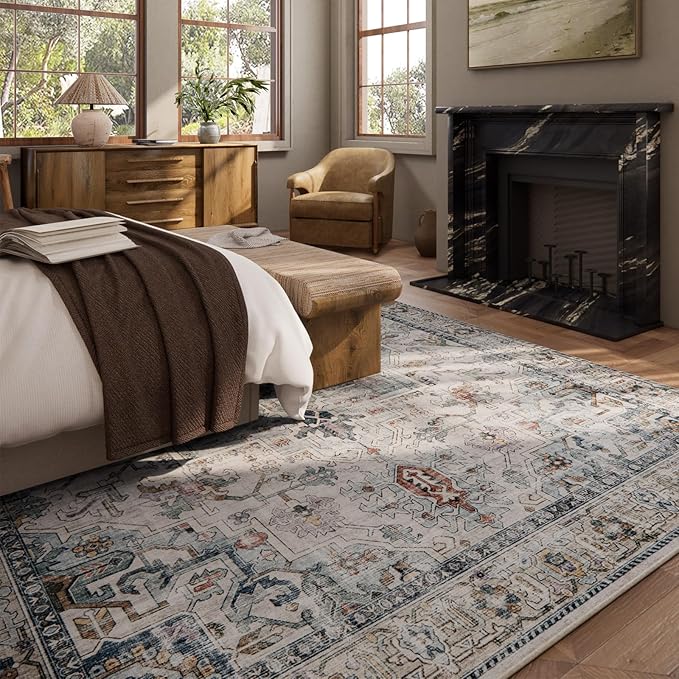 9x12 Area Rugs for Living Room: Washable Bedroom Rug Boho Vintage Rugs Stain Resistant Non Slip Low Pile Soft Lightweight Carpet for Kitchen Dining Room Farmhouse Nursery Kids Room Home Office-CubbioJoy