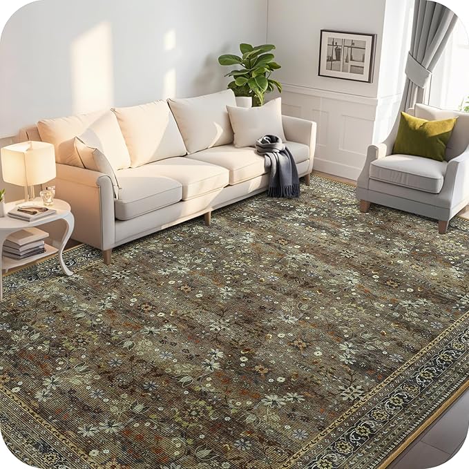 5x7 Machine Washable Area Rug for Living Room Dining Room, Vintage Floral Kitchen Rugs Non Slip, Traditional Indoor Floor Carpet for Bedroom, Farmhouse, Office Classroom Brown/Yellow-CubbioJoy