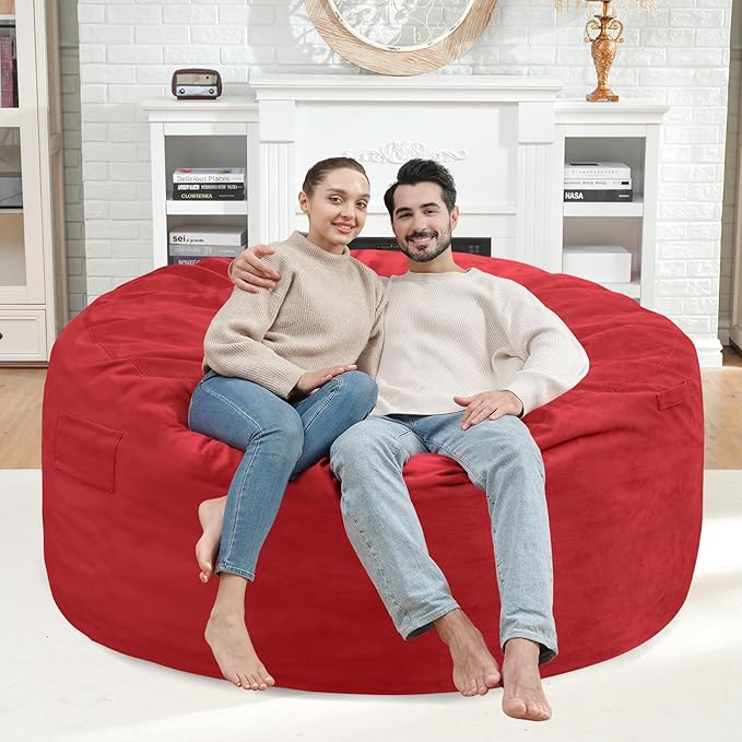 4FT Bean Bag Chair, Large Bean Bag Chairs with Memory Foam Filled, Fluffy Beanbag Sofa with Dutch Velvet Cover, Round BeanBag Chairs for Living Room, Playroom - Red-CubbioJoy