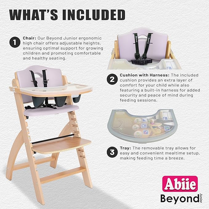 Abiie Beyond Junior Wooden High Chair with Tray - Adjustable and Convertible High Chair for Babies and Toddlers - 6 Months to 250 Lb - Water Resistant - Natural Wood with Lilac Cushion-CubbioJoy