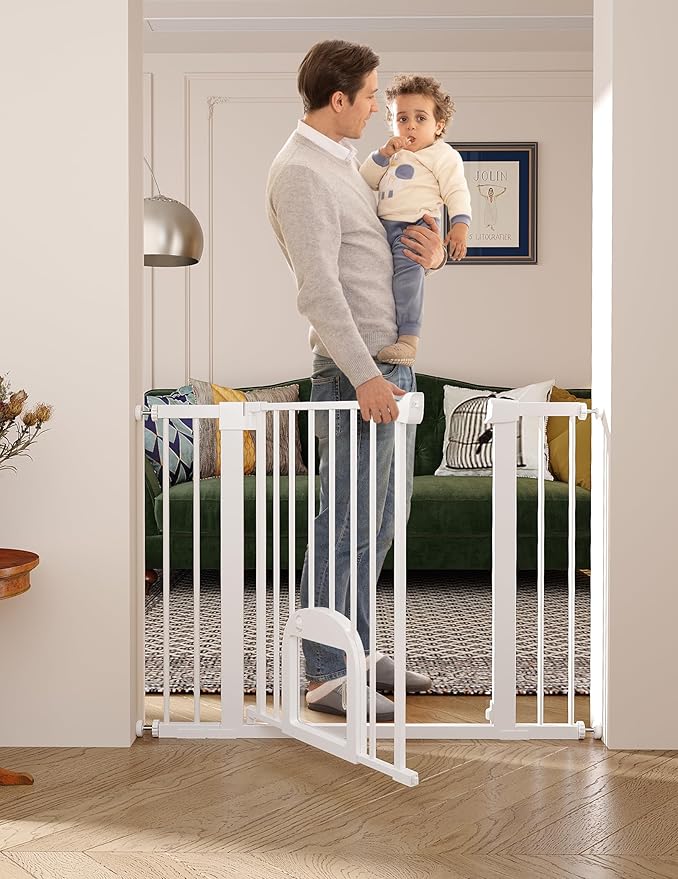 Babelio Baby Gate with Adjustable Cat Door,29-43" Auto Close Durable Pet door for Stairs,Doorways and House,Pressure Mounted,Easy Install,Effortless Walk Thru,White-CubbioJoy
