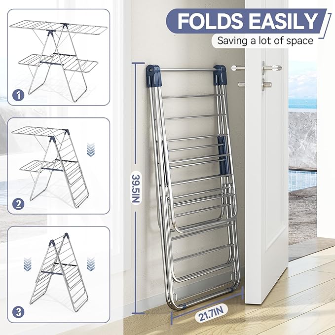 APEXCHASER Clothes Drying Rack with 4 Wings, Stainless Steel Drying Rack Clothing with Height-Adjustable, Foldable Gullwings Laundry Drying Rack, Indoor Outdoor Use, No Assembly, Blue-CubbioJoy