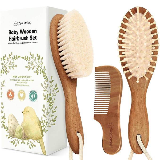 Baby Hair Brush and Comb Set for Newborn - Wooden Baby Hair Brush Set with Soft Goat Bristle, Baby Brush Set for Newborns,Baby Brush and Comb Set Girl, Boy,Toddler Cradle Cap Brush (Oval, Dark Walnut)-CubbioJoy