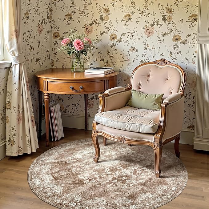 jinchan Round Rug 4ft Area Rug - Brown Vintage Floor Mat Kitchen Indoor - Washable Circle 4' Thin Floral Print Carpet Retro Farmhouse Non Slip Dining Room Living Room Bedroom Office-CubbioJoy