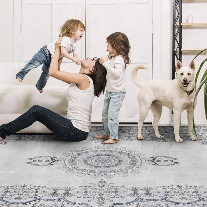 9x12 Area Rug Living Room Rugs, Stain Resistant Washable Rug, Vintage Large Non-Slip Backing, Low Pile Lightweight Print Rug for Bedroom Dinning Room Home Office (Grey/Blue)-CubbioJoy