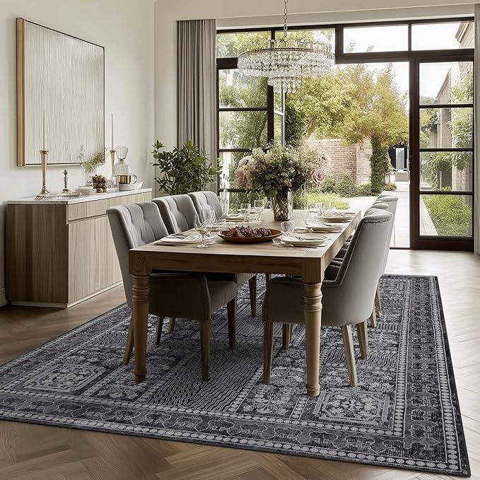 9x12 Area Rug Living Room Rugs, Stain Resistant Washable Rug, Vintage Large Non-Slip Backing, Low Pile Lightweight Print Rug for Bedroom Dinning Room Home Office (Grey)-CubbioJoy