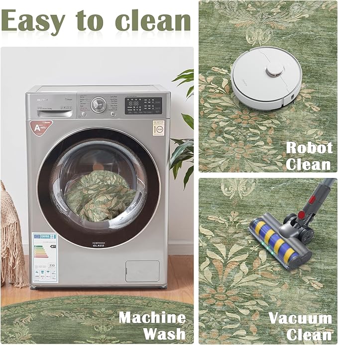 jinchan Round Rug 6ft Area Rugs Vintage Floral Distressed Design,Machine Washable Soft Non-Slip Low-Pile Ultra-Thin Circle Rug for Bedside Living Room Dining Room Bedroom (6' Round, Dark Green)-CubbioJoy