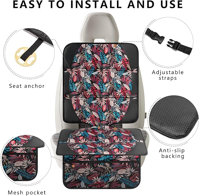 Car Seat Protector for Child Car Seat, 2 Pack Baby Car Seat Covers with Mesh Pockets & Non-Slip Backing 600D Durable Seat Protector Under Baby Car Seat for Car Back Seat (Red Leaves, Large)-CubbioJoy