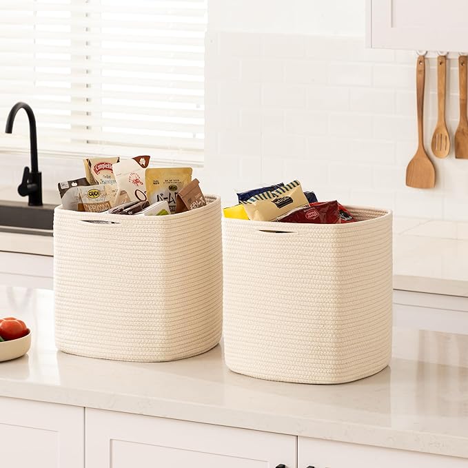 joybest Cube Storage Bins Set of 4, 13inch Cube Baskets Organizer for Nursery, Square Cotton Rope Baskets for Shelves Organizing, Kids Toy, Closet Storage, Beige-CubbioJoy