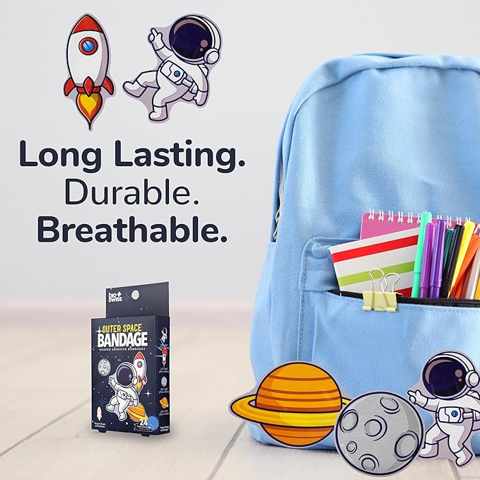 BioSwiss Bandages, Outer Space Shaped Self Adhesive Bandage, Latex Free Sterile Wound Care, Fun First Aid Kit Supplies for Kids and Adults, 24 Count-CubbioJoy