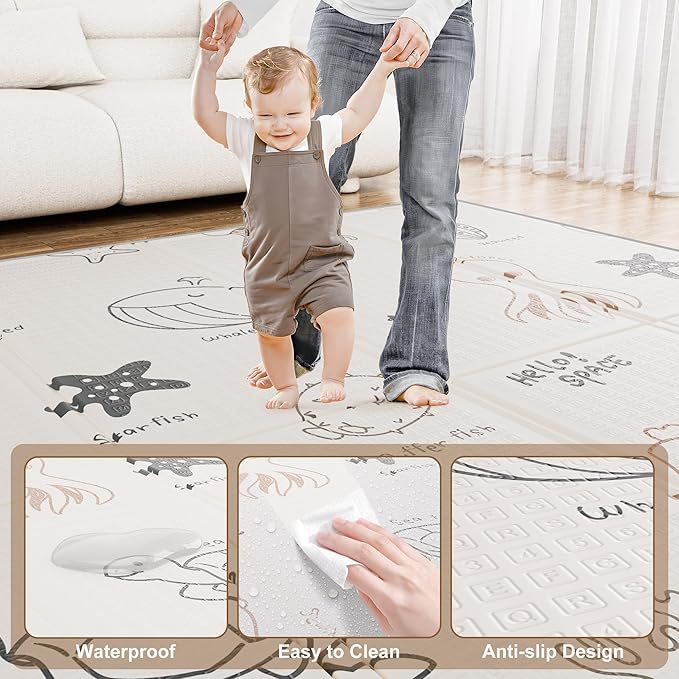 79x71 Foldable Play Mat for Baby, Extra Large Foam Play Mat Tummy Time and Crawling Mat, Waterproof & Anti-Slip Reversible Portable Baby Floor Mat for Infant, Toddler-CubbioJoy