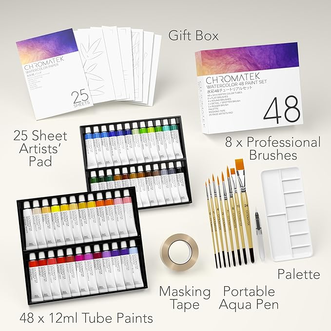 CHROMATEK Watercolor Paint Set - 84 Piece Kit for Adults, Beginner & Professional Artists - 48 Tubes (12ml), 25 Page Sketch Paper Pad, 8 Painting Brushes, Aquapen, Palette, Masking Tape - Art Supplies-CubbioJoy