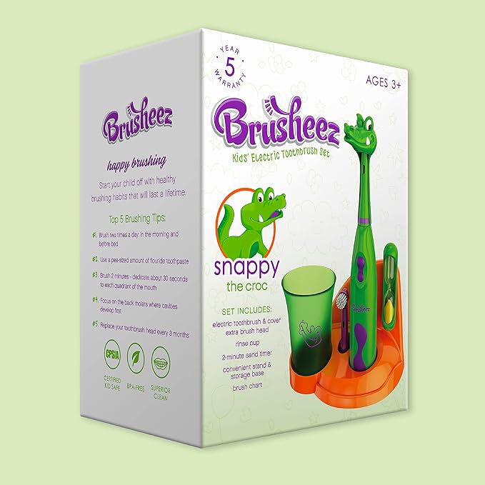 Brusheez Kids’ Electric Toothbrush Set - Safe & Effective for Ages 3+ - Parent Tested & Approved with Gentle Bristles, 2 Brush Heads, Rinse Cup, 2-Minute Timer, & Storage Base (Snappy The Croc)-CubbioJoy