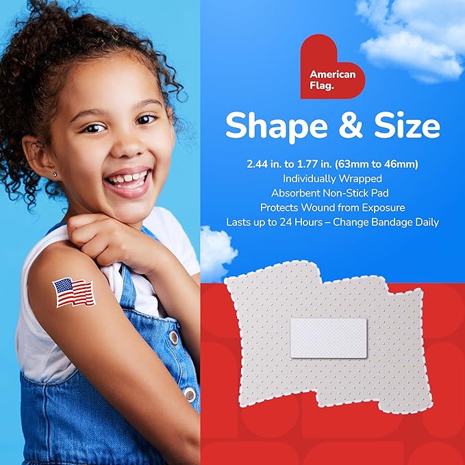 BioSwiss Bandages, American Flag Shaped Self Adhesive Bandage, Latex Free Wound Care, Fun First Aid Kit Supplies for Kids and Adults, 50 Count-CubbioJoy