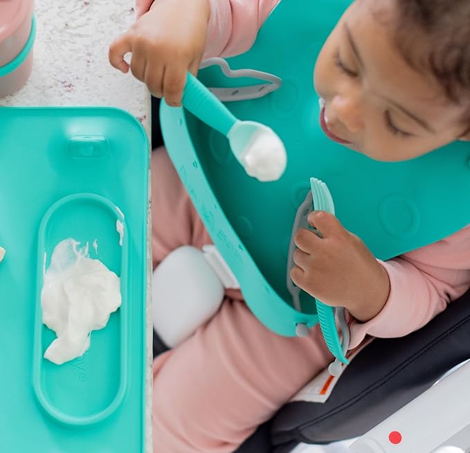 BUSY BABY Bungee Bib & Utensil Set – Adjustable Silicone Bib with Pocket & Tethered Utensils for Babies & Toddlers-CubbioJoy