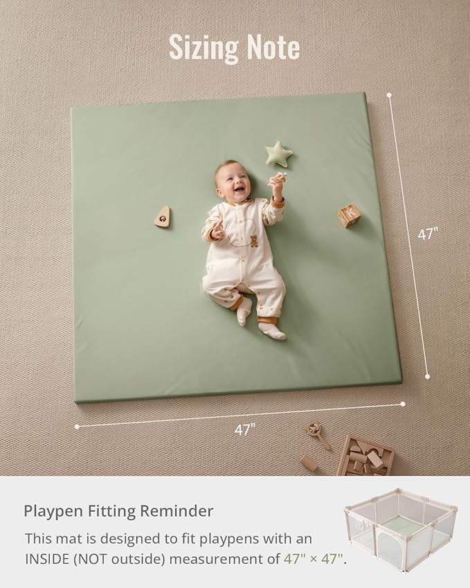 Blissful Diary Vegan Leather Baby Play Mat, 47x47 Thicken Foam Cushioned & Waterproof Playpen Mat for Infants and Toddlers, Stylish and Just Wipe-Clean Playmat for Baby Play on Floor, Light Green-CubbioJoy