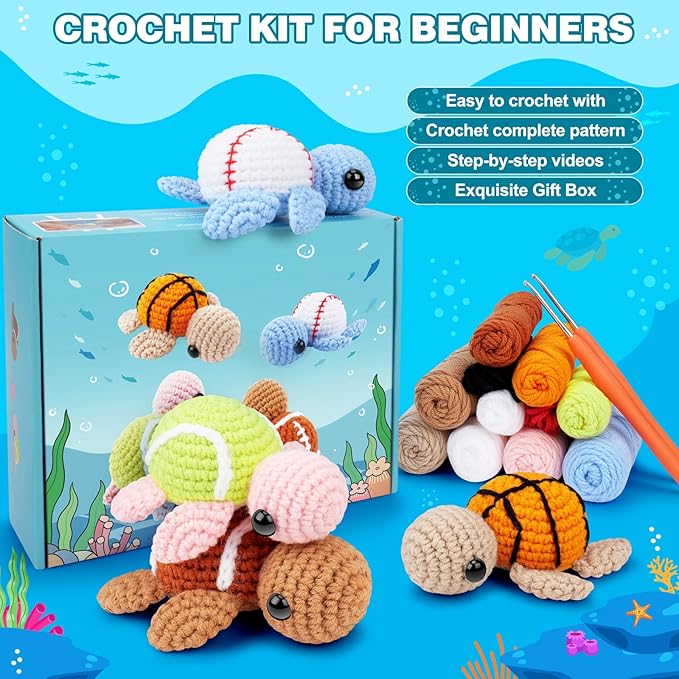 Crochet Kit for Beginners -4 PCS Turtle Crochet Kit with Step-by-Step Video Tutorials, Beginner Crochet Kits for Adults, Animal Crochet Turtle Ball Games Set-CubbioJoy