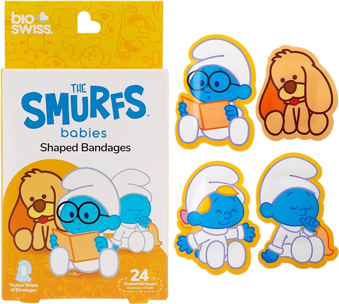 BioSwiss Bandages, The Smurfs Baby Smurf Shaped Self Adhesive Bandage, Latex Free Sterile Wound Care, Fun First Aid Kit Supplies for Kids and Adults, 24 Count Box-CubbioJoy