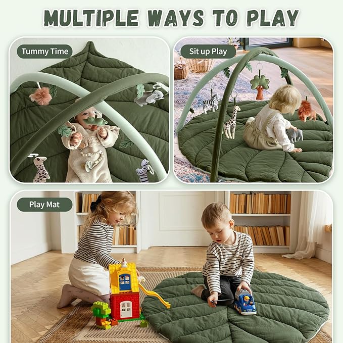 Baby Play Gym with Mat Leaf Shaped, Baby Play Mat with 6 Hanging Toys Tummy Time Mat, Baby Gym Activity Center, Washable (Green)-CubbioJoy