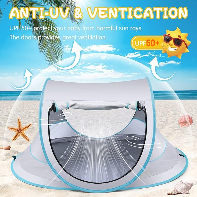 Baby Beach Tent,Large Pop Up Beach Tent Sun Shade for Beach,Portable Baby Travel Tent with Mosquito Net,Indoor Baby Play Tent,UPF 50+ UV Protection Sun Shelters for Infants-CubbioJoy