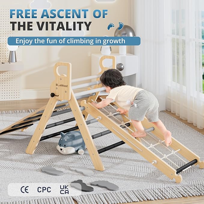 BlueWood 10-in-1 Pikler Triangle Set, Toddler Climbing Toys Indoor, Montessori Climber, Baby Jungle Gyms with Arch, Extra Rope Ladder & Footprint Balance Beam - Grey Twilight-CubbioJoy