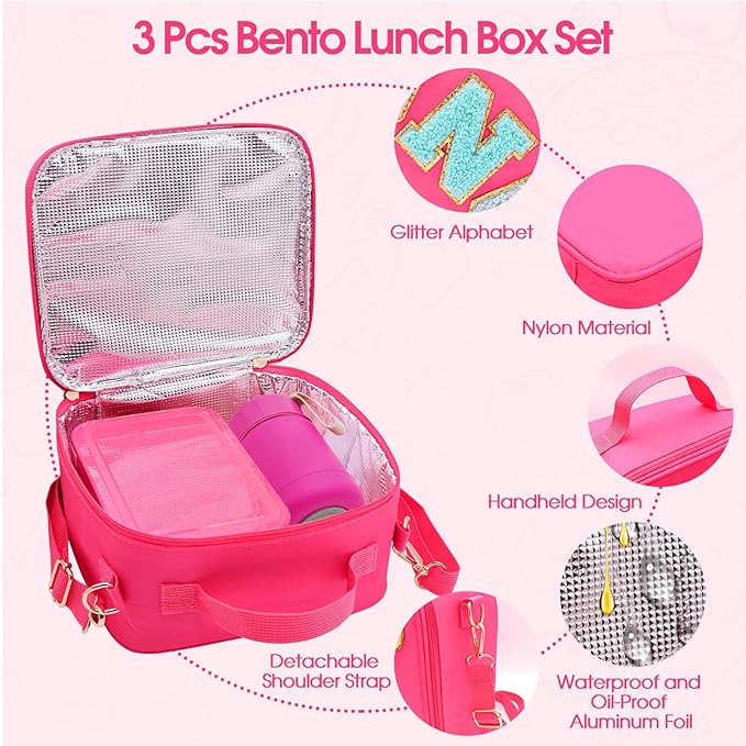 Bento Lunch Box Set for Kids with 10oz Thermo Food Jar, Leak-Proof Lunch Containers with 6 Compartment, Nylon Preppy Lunch Bag with Adjustable Strap for Girls School Travel Picnic-CubbioJoy