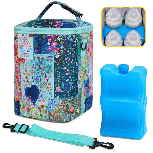 Breastmilk Cooler Bag with Ice Pack Fits 4 Baby Bottles Up to 9 Ounce Insulated Baby Bottle Bag Breast Milk Cooler on The Go with Strap Baby Bottle Cooler Bag for Nursing Mom Daycare or Travel-CubbioJoy