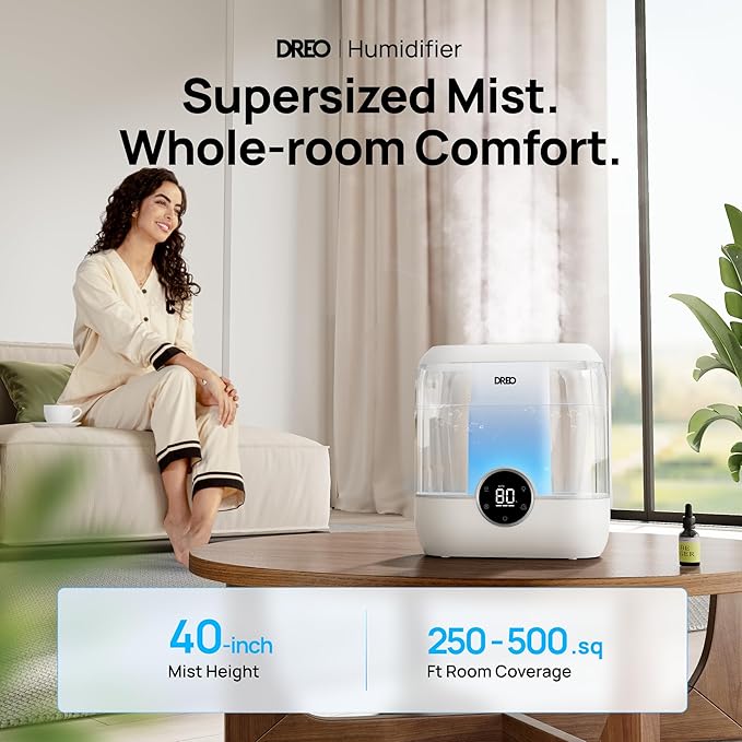 Dreo Smart Humidifiers for Bedroom, 6L Top Fill Supersized Cool Mist Humidifier for Large Room, 60 Hour Runtime, Quiet Ultrasonic Humidifiers for Plants, Baby, Indoor, Home, Night Light, White-CubbioJoy