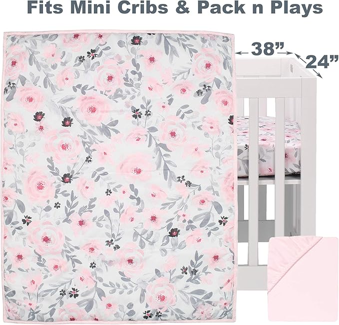 Bedtime Originals Blossom Pink Watercolor Floral 3-Piece Mini Crib Bedding Set-CubbioJoy