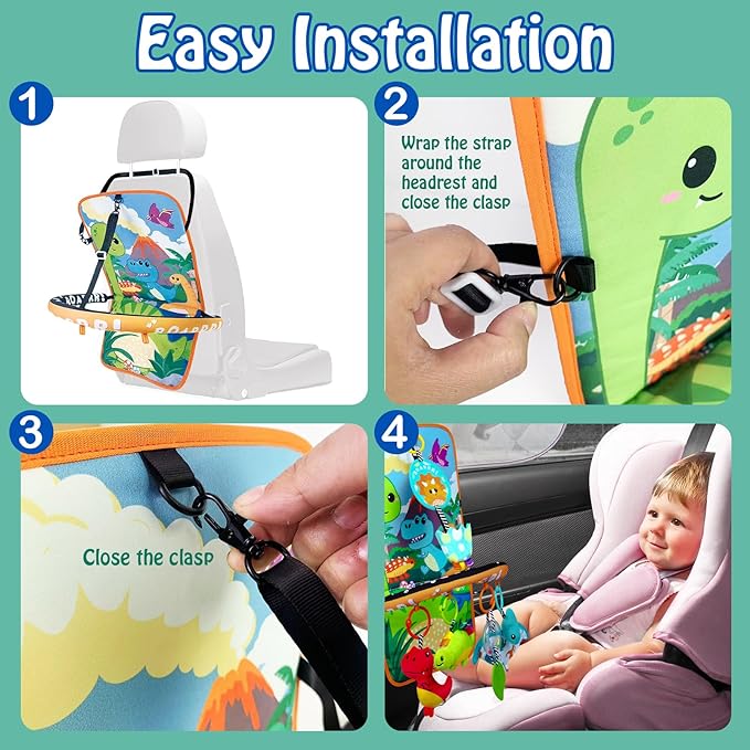 Baby Car Seat Dinosaurs Toys - Kick and Play Double Sided Infant Car Seat Toys with Plush Toys, Mirror, Teether for Baby, Babys Travel Activities, Christmas Birthday Gifts Newborn Infant Toys-CubbioJoy