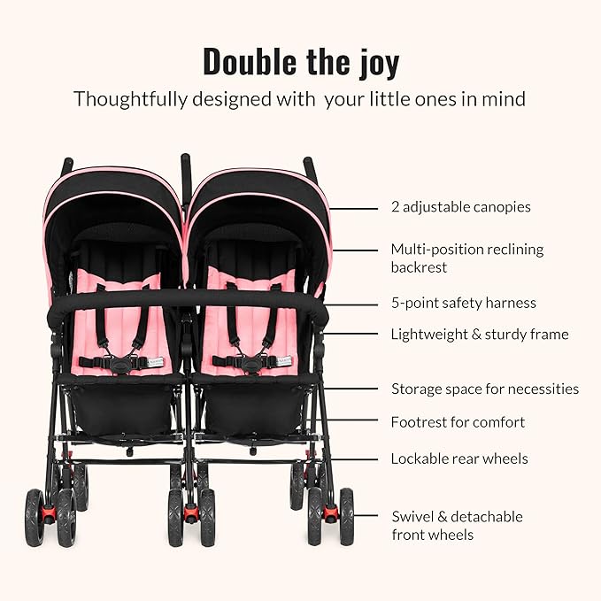 Dream On Me Volgo Twin Umbrella Stroller in Pink, Lightweight Double Stroller for Infant & Toddler, Compact Easy Fold, Large Storage Basket, Large and Adjustable Canopy-CubbioJoy