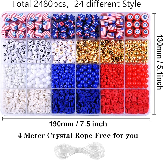 2480pcs President's Independence Day Polymer Clay Beads Charms Friendship Bracelet Necklace Earring Jewelry Making kit, Accessories for Arts Crafts DIY Birthday Gifts for Girls Children American Flag-CubbioJoy